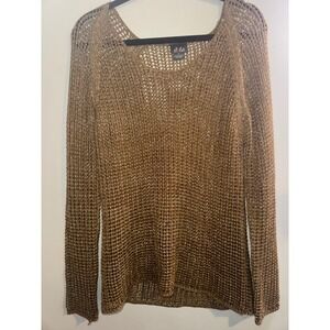 Vtg Y2K Sz L Gold Metallic Open Knit  Sweater Long Sleeve Sparkle Top Boho Fairy
